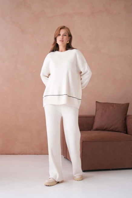 Kadın Bisiklet Yak Adüşük Kol Kazak Fitilli Pantolon İkili Triko Takım