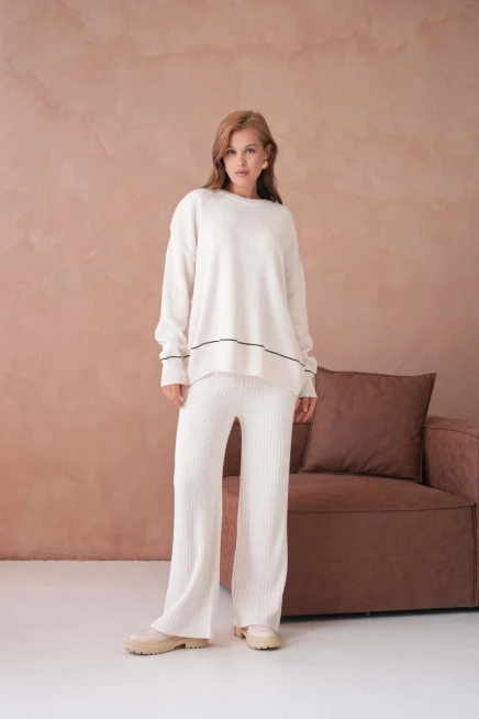 Kadın Bisiklet Yak Adüşük Kol Kazak Fitilli Pantolon İkili Triko Takım