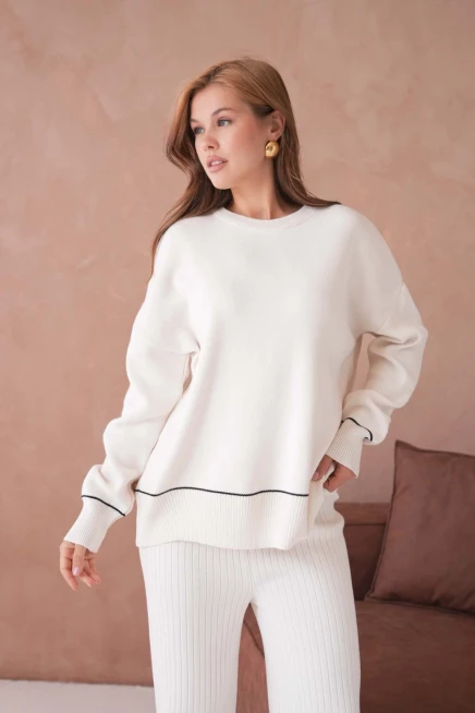 Kadın Bisiklet Yak Adüşük Kol Kazak Fitilli Pantolon İkili Triko Takım