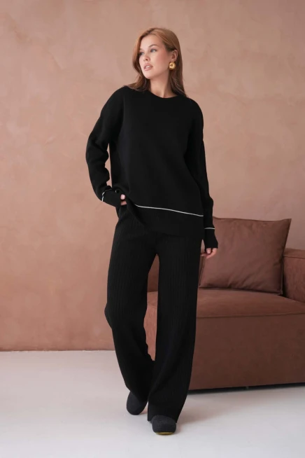 Kadın Bisiklet Yak Adüşük Kol Kazak Fitilli Pantolon İkili Triko Takım