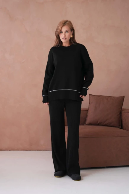 Kadın Bisiklet Yak Adüşük Kol Kazak Fitilli Pantolon İkili Triko Takım