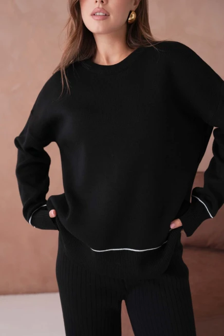 Kadın Bisiklet Yak Adüşük Kol Kazak Fitilli Pantolon İkili Triko Takım