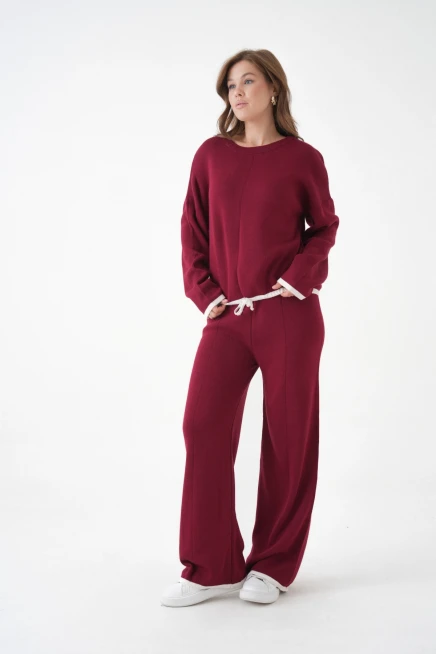 Kadın Bisiklet Yaka Bağcıklı Kazak Pantolon Alt-Üst Triko Takım