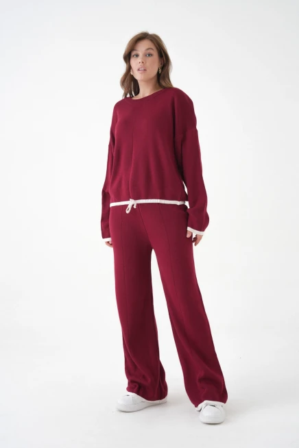 Kadın Bisiklet Yaka Bağcıklı Kazak Pantolon Alt-Üst Triko Takım