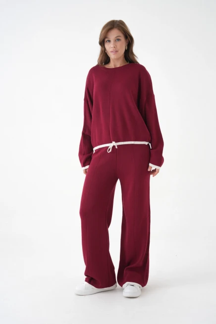 Kadın Bisiklet Yaka Bağcıklı Kazak Pantolon Alt-Üst Triko Takım