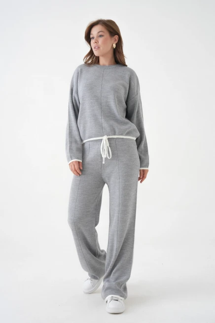 Kadın Bisiklet Yaka Bağcıklı Kazak Pantolon Alt-Üst Triko Takım