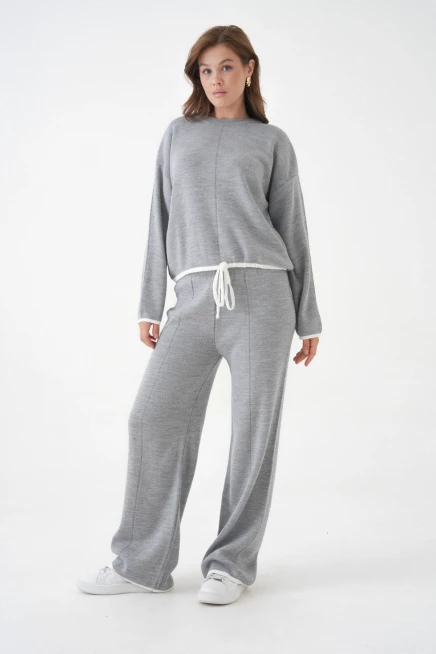 Kadın Bisiklet Yaka Bağcıklı Kazak Pantolon Alt-Üst Triko Takım