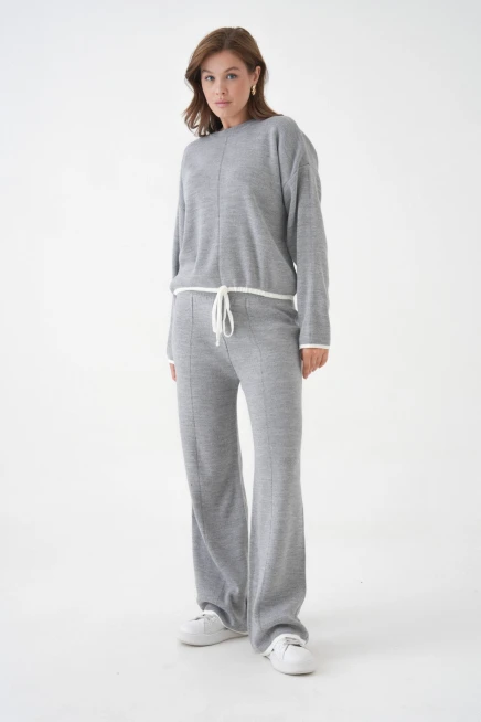 Kadın Bisiklet Yaka Bağcıklı Kazak Pantolon Alt-Üst Triko Takım