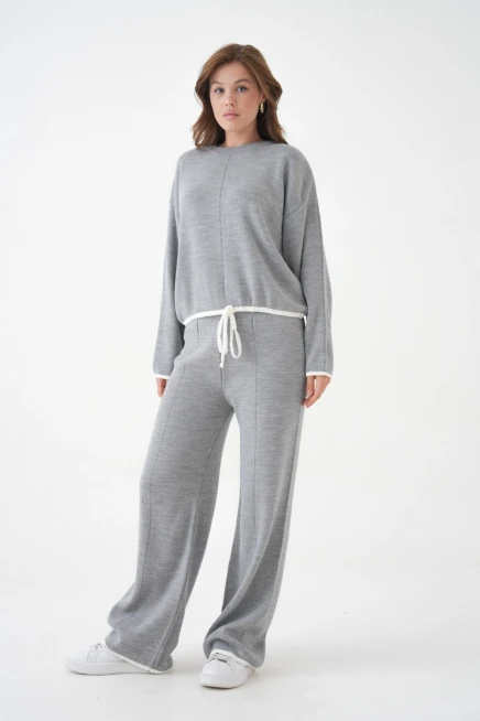 Kadın Bisiklet Yaka Bağcıklı Kazak Pantolon Alt-Üst Triko Takım