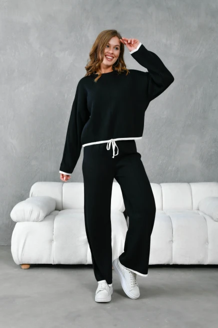 Kadın Bisiklet Yaka Bağcıklı Kazak Pantolon Alt-Üst Triko Takım