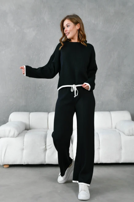 Kadın Bisiklet Yaka Bağcıklı Kazak Pantolon Alt-Üst Triko Takım