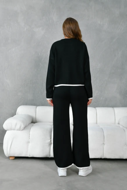 Kadın Bisiklet Yaka Bağcıklı Kazak Pantolon Alt-Üst Triko Takım