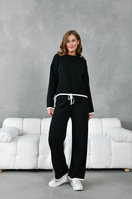 Kadın Bisiklet Yaka Bağcıklı Kazak Pantolon Alt-Üst Triko Takım