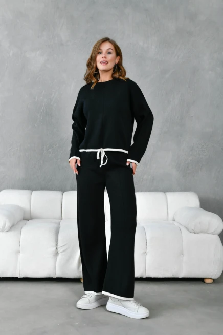 Kadın Bisiklet Yaka Bağcıklı Kazak Pantolon Alt-Üst Triko Takım