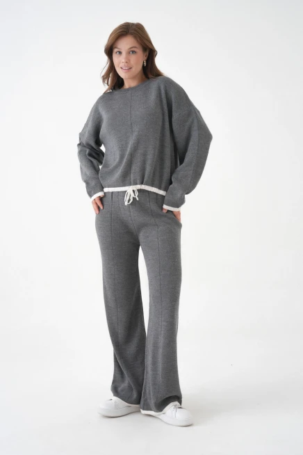 Kadın Bisiklet Yaka Bağcıklı Kazak Pantolon Alt-Üst Triko Takım