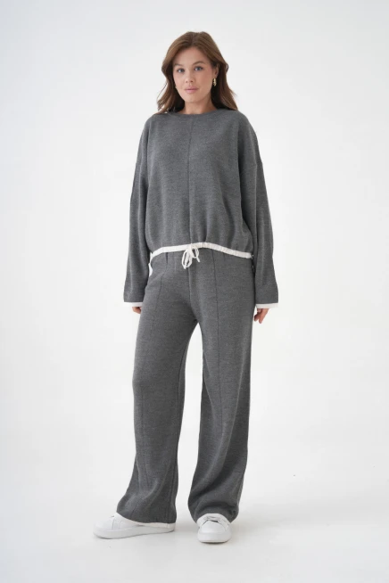 Kadın Bisiklet Yaka Bağcıklı Kazak Pantolon Alt-Üst Triko Takım