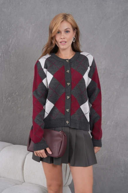 Kadın Bisiklet Yaka Baklava Desenli Düğme Kapama Triko Hırka Ceket 8581Sw