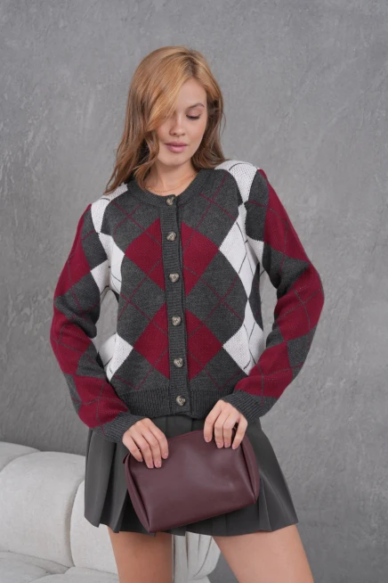 Kadın Bisiklet Yaka Baklava Desenli Düğme Kapama Triko Hırka Ceket 8581Sw