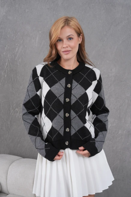 Kadın Bisiklet Yaka Baklava Desenli Düğme Kapama Triko Hırka Ceket 8581Sw