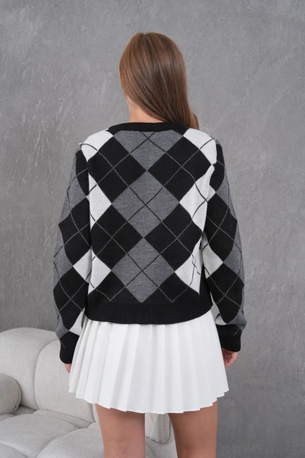 Kadın Bisiklet Yaka Baklava Desenli Düğme Kapama Triko Hırka Ceket 8581Sw