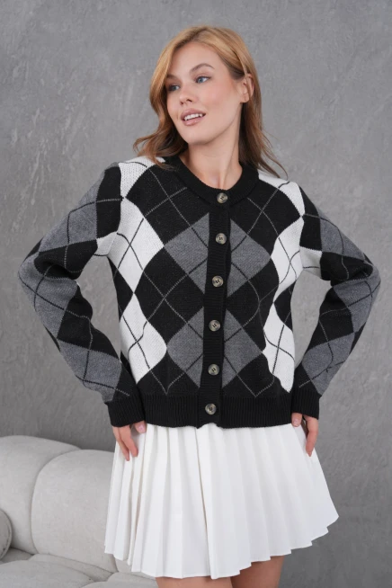 Kadın Bisiklet Yaka Baklava Desenli Düğme Kapama Triko Hırka Ceket 8581Sw