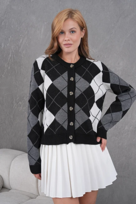 Kadın Bisiklet Yaka Baklava Desenli Düğme Kapama Triko Hırka Ceket 8581Sw