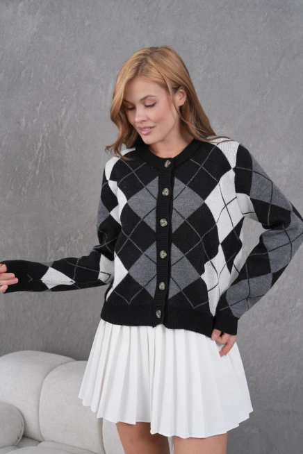 Kadın Bisiklet Yaka Baklava Desenli Düğme Kapama Triko Hırka Ceket 8581Sw