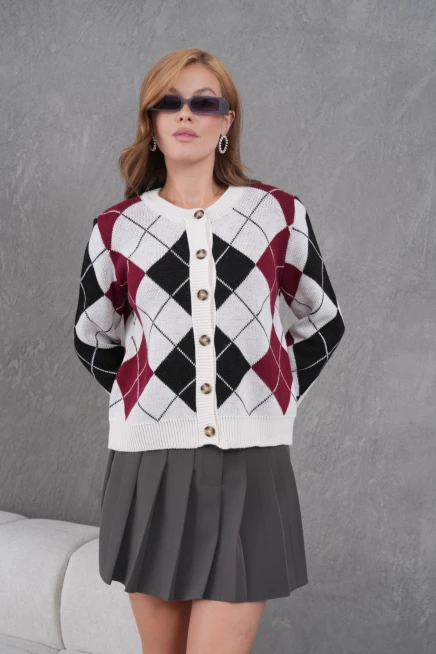 Kadın Bisiklet Yaka Baklava Desenli Düğme Kapama Triko Hırka Ceket 8581Sw