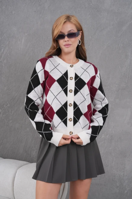 Kadın Bisiklet Yaka Baklava Desenli Düğme Kapama Triko Hırka Ceket 8581Sw