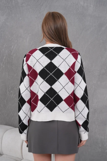 Kadın Bisiklet Yaka Baklava Desenli Düğme Kapama Triko Hırka Ceket 8581Sw