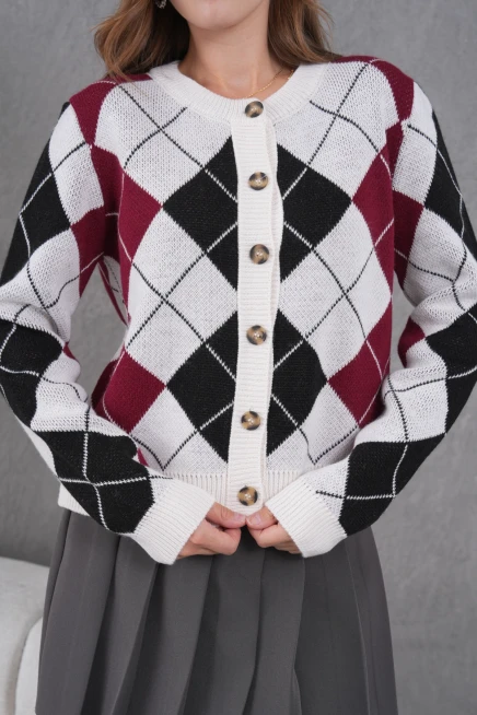 Kadın Bisiklet Yaka Baklava Desenli Düğme Kapama Triko Hırka Ceket 8581Sw