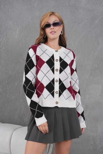 Kadın Bisiklet Yaka Baklava Desenli Düğme Kapama Triko Hırka Ceket 8581Sw