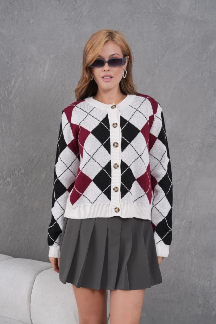 Kadın Bisiklet Yaka Baklava Desenli Düğme Kapama Triko Hırka Ceket 8581Sw