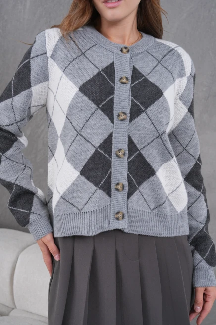 Kadın Bisiklet Yaka Baklava Desenli Düğme Kapama Triko Hırka Ceket 8581Sw