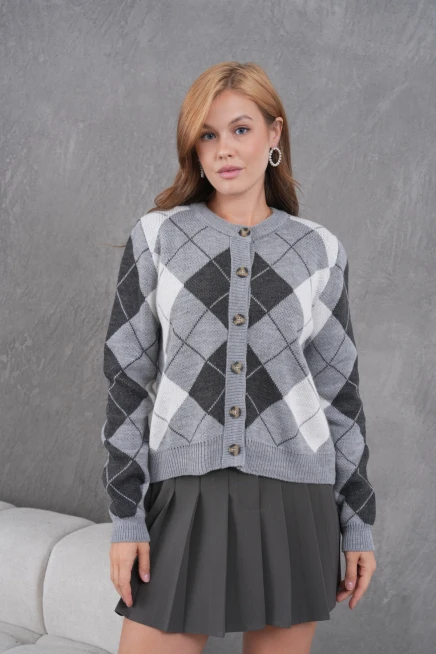 Kadın Bisiklet Yaka Baklava Desenli Düğme Kapama Triko Hırka Ceket 8581Sw