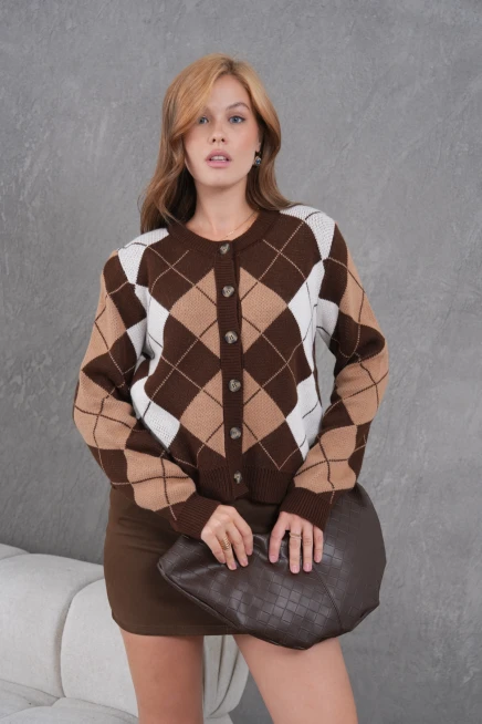 Kadın Bisiklet Yaka Baklava Desenli Düğme Kapama Triko Hırka Ceket 8581Sw