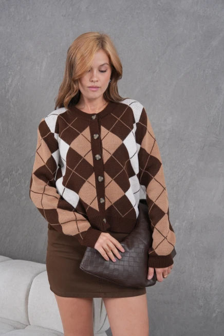 Kadın Bisiklet Yaka Baklava Desenli Düğme Kapama Triko Hırka Ceket 8581Sw