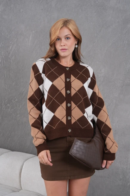 Kadın Bisiklet Yaka Baklava Desenli Düğme Kapama Triko Hırka Ceket 8581Sw