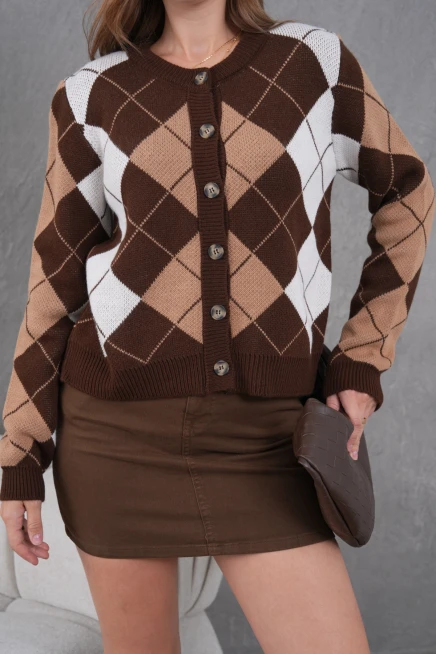 Kadın Bisiklet Yaka Baklava Desenli Düğme Kapama Triko Hırka Ceket 8581Sw