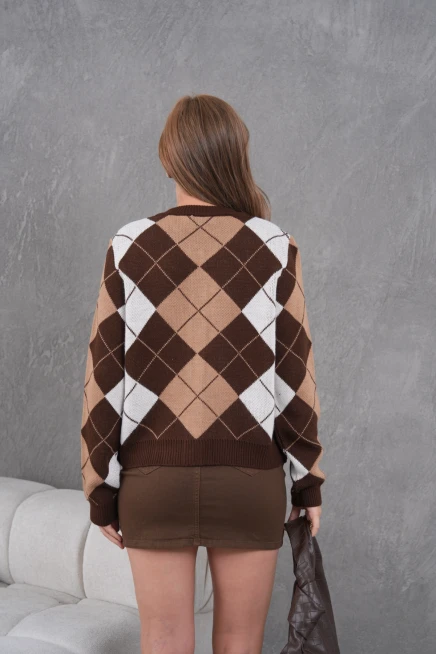 Kadın Bisiklet Yaka Baklava Desenli Düğme Kapama Triko Hırka Ceket 8581Sw