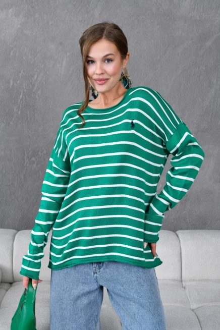 Kadın Bisiklet Yaka Çizgili Nakış Detay Oversize Triko Kazak