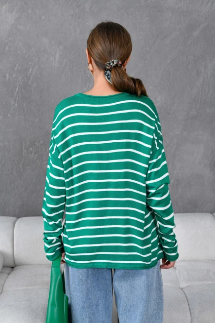 Kadın Bisiklet Yaka Çizgili Nakış Detay Oversize Triko Kazak