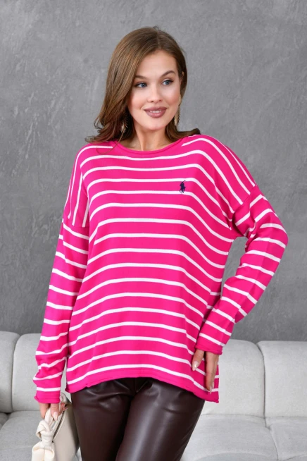 Kadın Bisiklet Yaka Çizgili Nakış Detay Oversize Triko Kazak