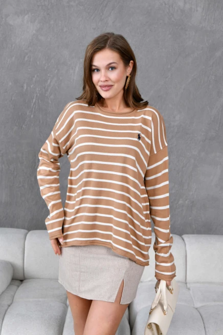 Kadın Bisiklet Yaka Çizgili Nakış Detay Oversize Triko Kazak