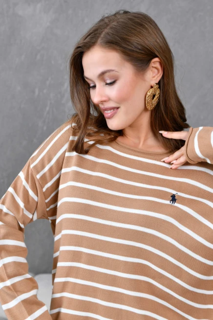 Kadın Bisiklet Yaka Çizgili Nakış Detay Oversize Triko Kazak