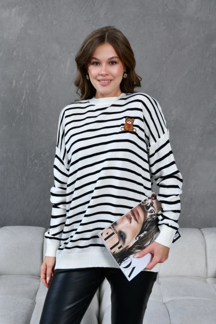 Kadın Bisiklet Yaka Çizgili Oversize Triko Kazak