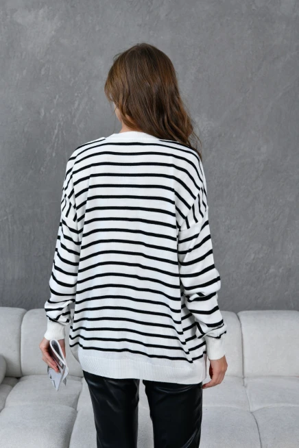 Kadın Bisiklet Yaka Çizgili Oversize Triko Kazak