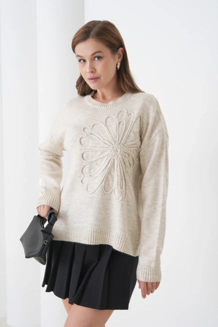 Kadın Bisiklet Yaka Desen İşlemeli Yumuşak Dokulu Triko Kazak