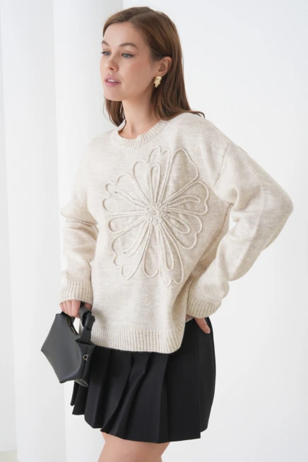 Kadın Bisiklet Yaka Desen İşlemeli Yumuşak Dokulu Triko Kazak