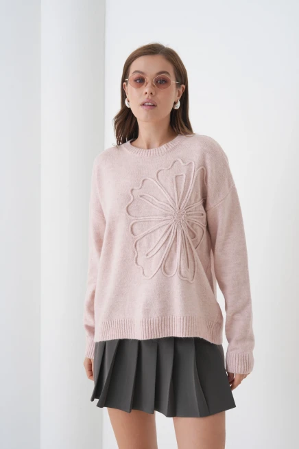 Kadın Bisiklet Yaka Desen İşlemeli Yumuşak Dokulu Triko Kazak